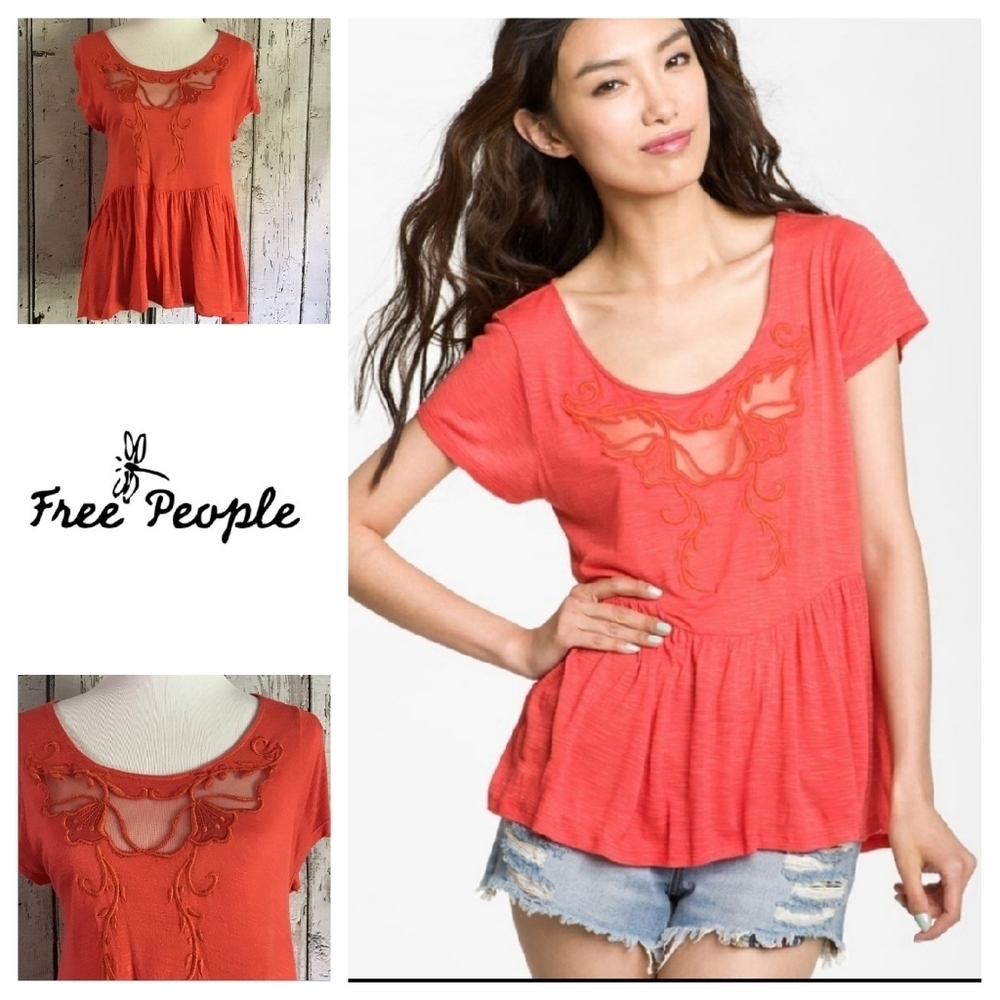 Free‎ People Coral Embroidered Mesh Peplum Top Short Sleeve Women's Size Small